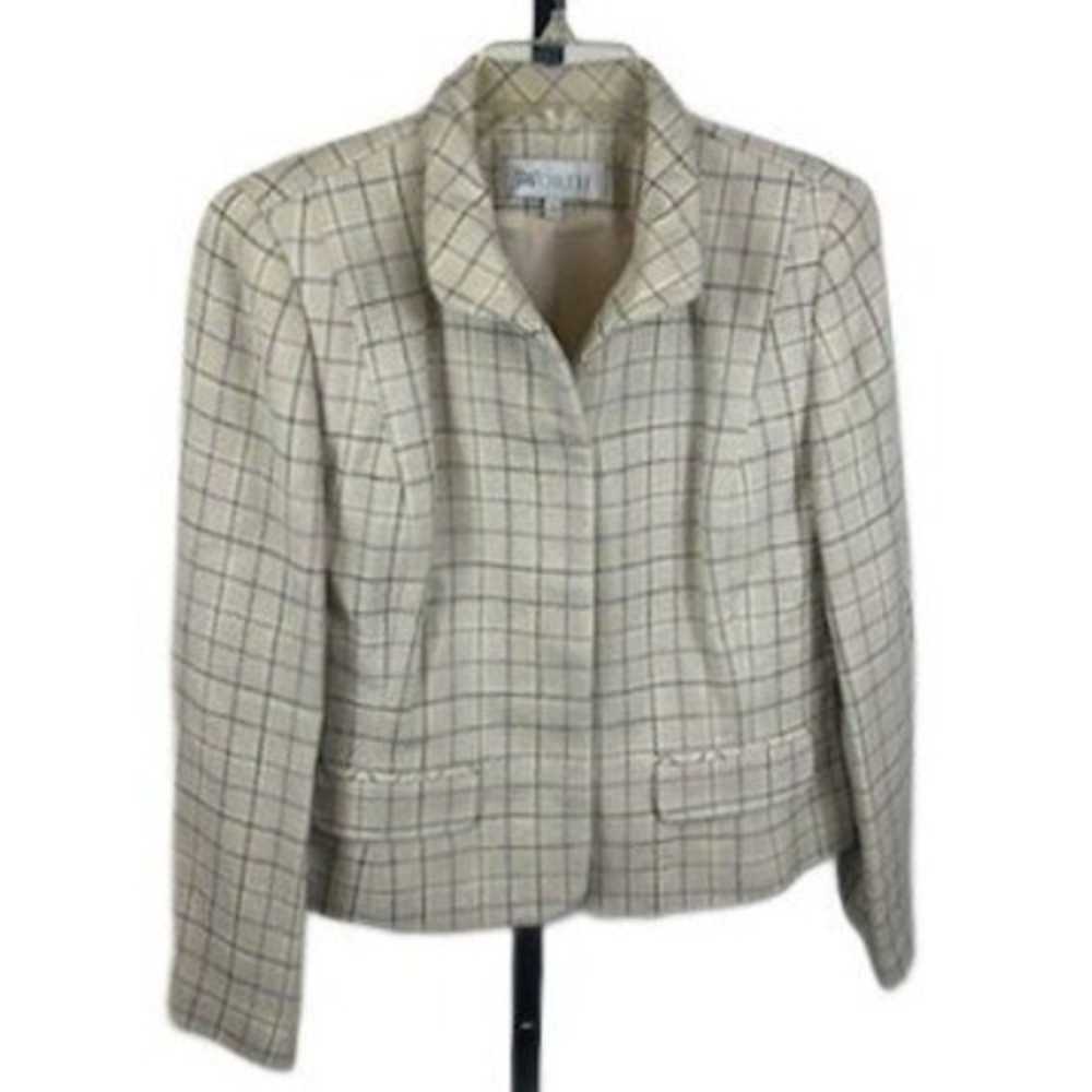 Worth Women's Plaid Wool Blend Blazer Jacket Neutral Classic Size 8 Vintage